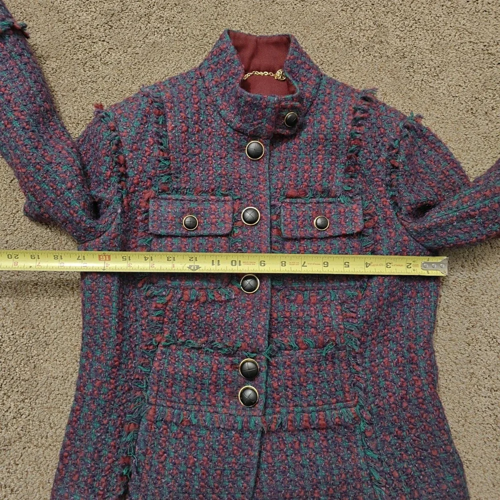 Tory Burch Burgundy Teal Tweed Frayed Trim Military Jacket Size‎ 4 Logo Buttons